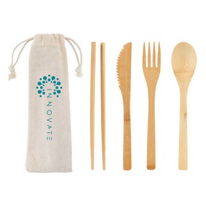 Bamboo Cutlery Set In Cotton Drawstring Pouch
